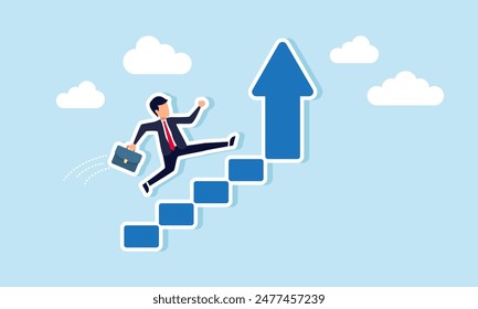 Career growth climb the stairway to success, increase income, and improve skills, concept of A confident businessman strides up the stairway of success alongside a rising arrow