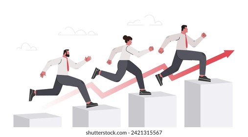 Career growth concept. Business goal achievement. Office workers characters run up the stairs diagram. Career ladder progress and advancement. Flat vector illustration.