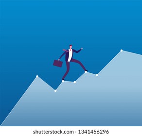 Career growth concept. Businessman rises of growing chart. Business career planning, professional strategy vector background