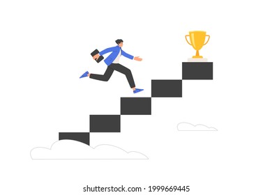 Career growth concept. Goal striving metaphor. A businessman climbs the steps of the stairs to the cup. Strategy of success in business. Move one level up. Vector illustration isolated
