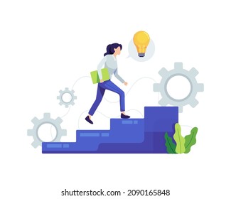 Career growth concept illustration. Young woman walking up the stairs, Career development. Vector in a flat style