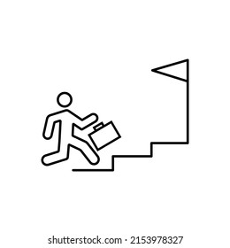 Career growth concept thin line icon in black. A man climbs the steps. Flag. Training and success. Flat isolated symbol, for: illustration, logo, mobile, app, design, web, ui, ux, gui. Vector EPS 10