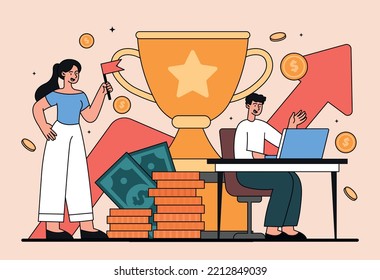 Career growth concept. Young girl with cup and flag congratulates her colleague. Motivation and selfdevelopment, ambitions. Successful and hardworking employee. Cartoon flat vector illustration