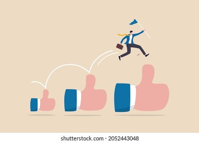 Career Growth Development, Achievement, Job Improvement Or Promotion, Appreciation Or Praise For Success Employee Concept, Happy Businessman Holding Winner Flag Jumping Up Growing Thumbs Up Sign.