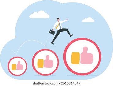 Career growth development, achievement, job improvement or promotion, appreciation or praise for success employee concept, happy businessman holding winner flag jumping up growing thumbs up sign.

