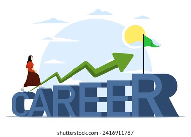 Career growth or career development concept, cheerful businesswoman walking with growing arrow in the word Career, increase or progress towards success in work, salary increase concept.