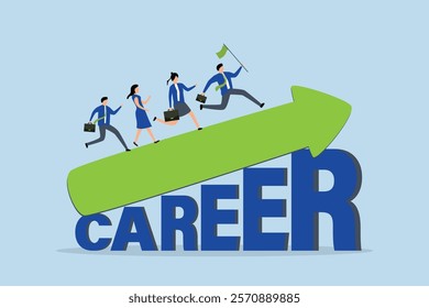 Career growth or career development, happy businessman and businesswoman sprinting on ascending arrow with word Career. 