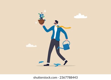 Career growth development, human resources motivate talent for job promotion, growing employee, improvement or manager support concept, businessman manager pouring water to growing employee seedling.