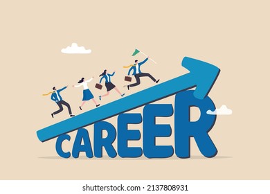 Career growth or career development, improvement or progress to success in work, job promotion and salary increase concept, cheerful businessman and woman running on growing arrow on the word Career.