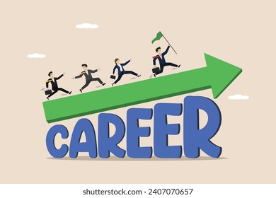 Career growth or career development, improvement or progress towards success in work, cheerful businessman and team running arrow growing on the word Career.