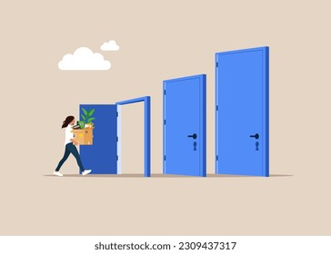 Career growth and development, steps to achieve goal, strategy. Businesswoman goes through door. Flat vector illustration