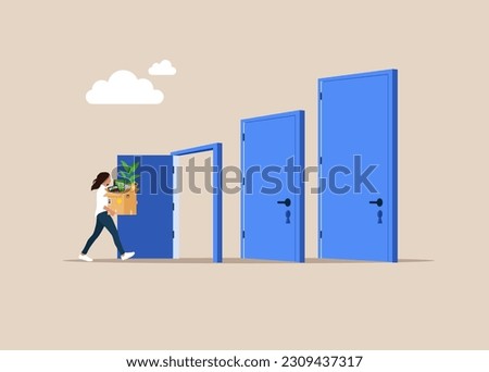Career growth and development, steps to achieve goal, strategy. Businesswoman goes through door. Flat vector illustration