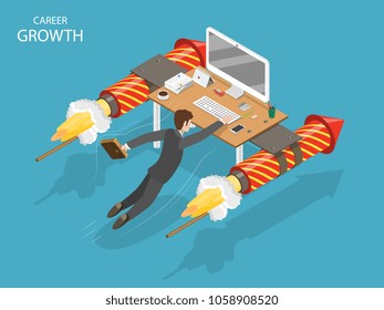 Career Growth Flat Isometric Vector Concept. A Man Is Flying Fast Holding On His Office Desk With Fireworks Rockets.