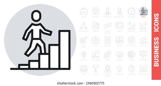 Career Growth Icon. Man Walking Up The Stairs In The Form Of A Growing Chart. Simple Black And White Version From A Series Of Business Icons