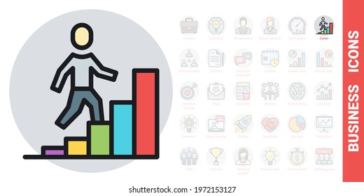 Career Growth Icon. Man Walking Up The Stairs In The Form Of A Growing Chart. Simple Color Version From A Series Of Business Icons