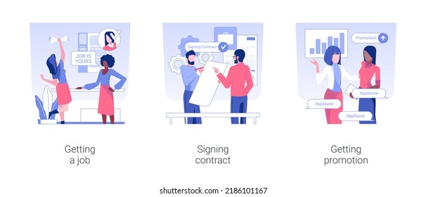 Career growth isolated concept vector illustration set. Getting a job, employee signing new job contract, getting promotion, headhunting agency, pursue career, staffing plan vector cartoon.