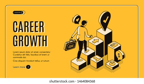 Career growth isometric landing page, businessman with briefcase in hand going upstairs by column chart with goal destination mark on top, job achievement, work progress. 3d vector line art web banner