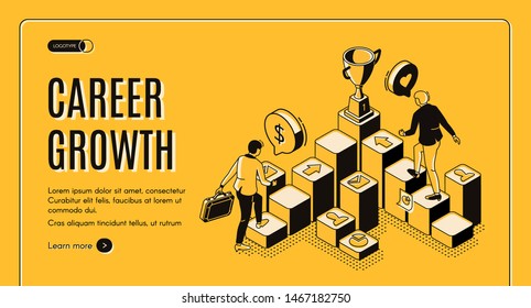 Career growth isometric landing page, businessmen going upstairs by column chart with trophy goblet stand on top, business challenge, job achievement, work progress. 3d vector line art web banner