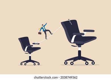 Career growth or job promotion, personal development and improvement, work responsibility challenge or ambition to be success concept, businessman employee walk the line to higher job position chair. 