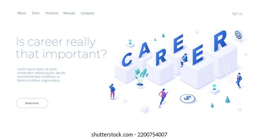 Career growth ladder in isometric vector design. Business stairs as way to success. Businesswoman challenges and opportunities. Professional manager striving to job upgrade