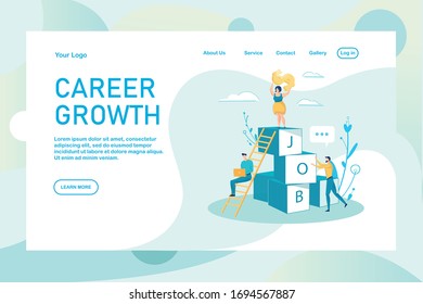 Career Growth Landing Page. Business Challenge Success. Job Achievement Work Progress. Profit, Revenue. Woman with Gold Euro Sign on Top. Businessman Working on own Development. Vector illustration