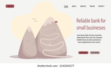 Career Growth Landing Page. Vector Stock Illustration For Banner, Power, Website. Process Journey To Success. Climbing To The Top Of Mountains. 