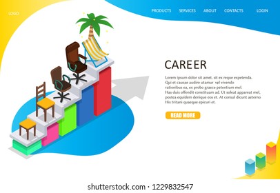 Career growth landing page website template. Vector isometric illustration of career ladder with different kinds of chairs from stool to deck chair and palm tree on top.