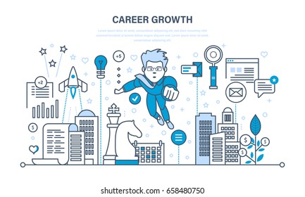 Career growth, leadership development, success in work, progress in education, self-improvement, improving personal qualities. Illustration thin line design of vector doodles, infographics elements.