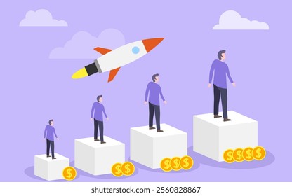 Career growth, a man climbs the steps of career growth increasing his income. Vector, cartoon illustration. Vector.