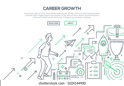 Career growth - modern line design style illustration on white background with place for your text. Metaphorical image of a businessman going up the stairs. Contracts, startup, personal development