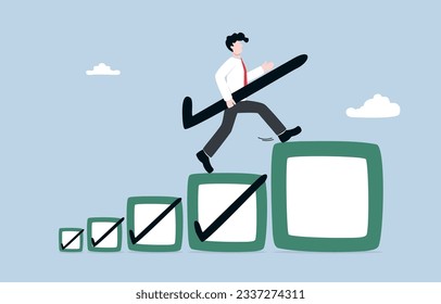 Career growth with more challenging task, effort to finish higher level mission, work experience and development concept, Businessman holding check mark stepping up to bigger checkbox.