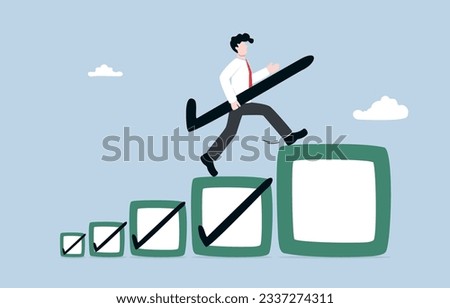Career growth with more challenging task, effort to finish higher level mission, work experience and development concept, Businessman holding check mark stepping up to bigger checkbox.