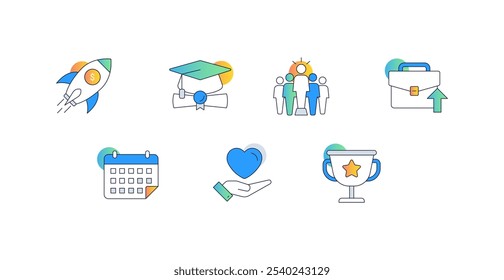 Crescimento de carreira e motivação. Ícones incluídos: Porta-arquivos com seta para cima, Boné de formatura com diploma, Troféu com estrela, Foguete com símbolo de dólar, Calendário com evento marcado