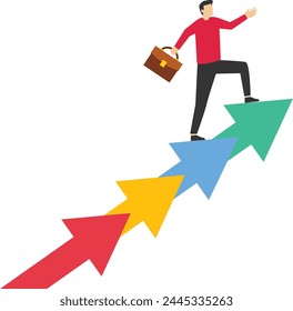 Career growth, motivation for success, career development or ambition concept for success, growing business or leadership to overcome challenges, confident woman climbing the ladder of growth arrows.
