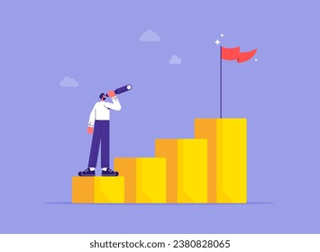 Career Growth Opportunities concept, businessman standing in front of the growth chart and flag-waving on the highest column of the chart