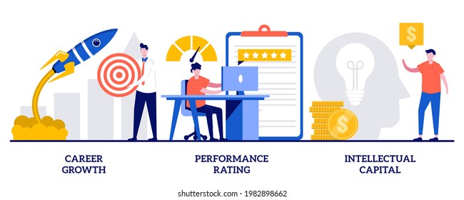 Career growth, performance rating, intellectual capital concept with tiny people. Employee efficiency vector illustration set. Company challenge and success, job position scoring system metaphor.