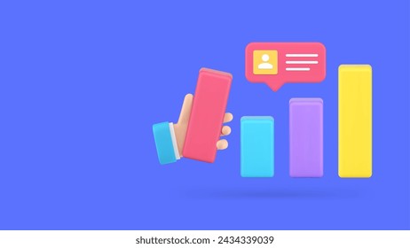 Career growth personal work achievement analyzing banner copy space 3d icon realistic vector illustration. HR candidate recruitment job data graph chart diagram analysis with business man hand