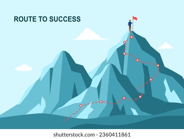 Career growth. Process journey to success. Businessman standing on the top of mountains in flat design. Route to success.