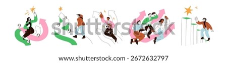 Career growth, progress concept set. Business people walking job path, journey, route with goals, targets. Development way, climbing to success. Flat vector illustration isolated on white background
