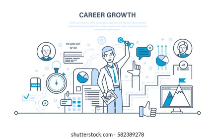 Career growth, progress in education and self-improvement, gain experience, improving personal qualities and characteristics. Illustration thin line design of vector doodles, infographics elements.