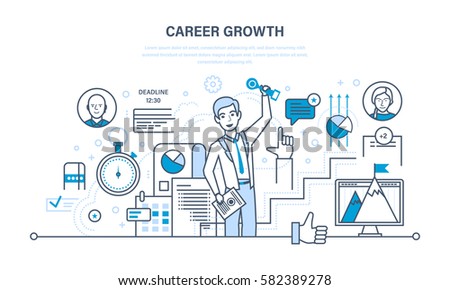 Career growth, progress in education and self-improvement, gain experience, improving personal qualities and characteristics. Illustration thin line design of vector doodles, infographics elements.