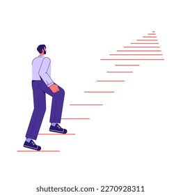 Career growth, stairway to success concept, business man walking on rising arrow to reach higher target, vector illustration