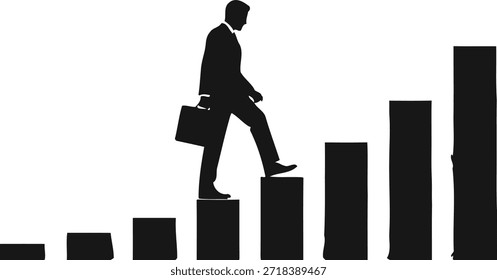 Career growth steps silhouette vector illustration featuring person walking up bar chart stairs for financial success and progress.