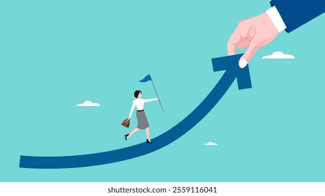 career growth to success concept illustration with businesswoman hand helps pull the arrow to success, career progress to success in work. career development concept vector illustration