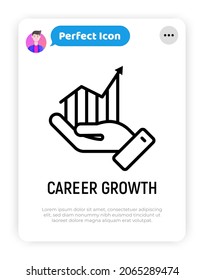 Career growth thin line icon: graph of growth in hand. Modern vector illustration.