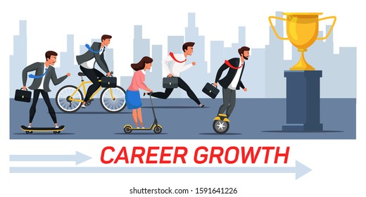 Career growth vector banner template. Business race illustration. Male and female employee flat characters chasing. Career ladder, staff competition concept. Motivational poster design idea