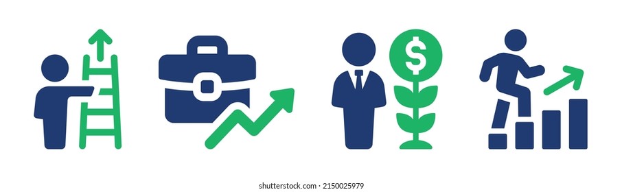 Career growth vector. Business growing icon set. Containing man with stairs, suitcase with arrow up, businessman with dollar plant and person step up symbol vector illustration.