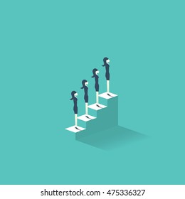 Career growth vector illustration concept with businesswomen standing on stairs to the top. Emancipation symbol for women at professional working life. Eps10 vector illustration.