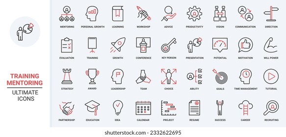 Career growth, workshop organization and counseling, advices, evaluation and communication with teacher. Mentoring, training for business teams trendy red black thin line icons set vector illustration