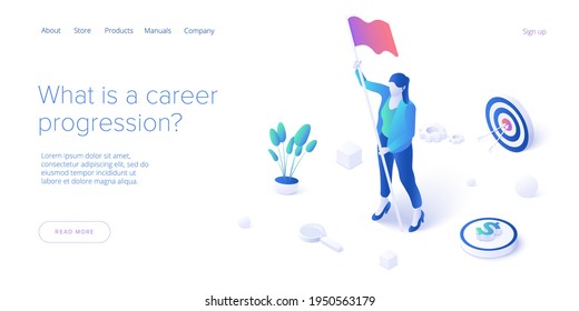 Career growth with young woman holding goal flag. Success or successful job development with businesswoman. Isometric vector illustration. Web banner layout template.